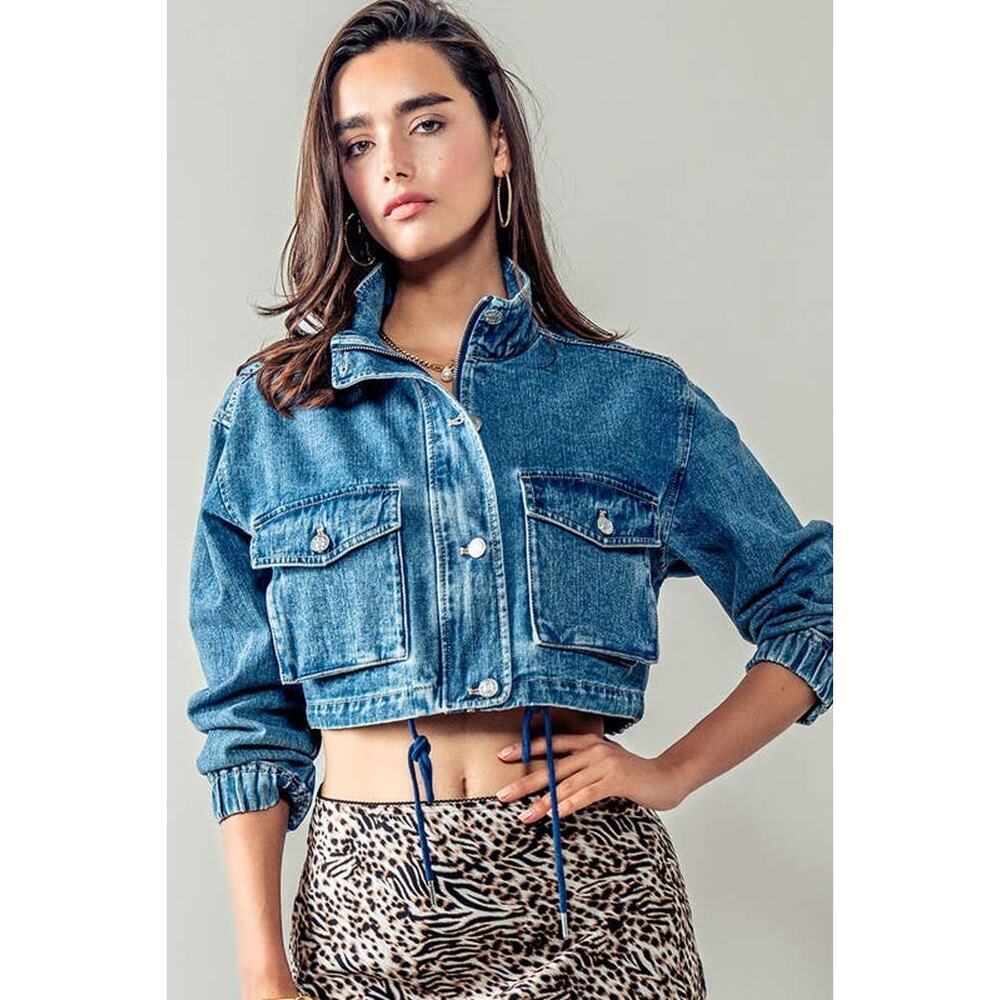 Urban Daizy Utility Cropped Drawstring Hem Stand Collar Denim Jacket - Picture 9 of 16